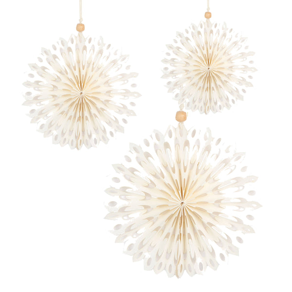 White Paper Fan / Snowflake Decorations - 3 Pack