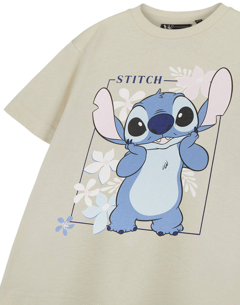 Disney Lilo & Stitch Girls Beige Big Stitch Short Sleeved T-Shirt