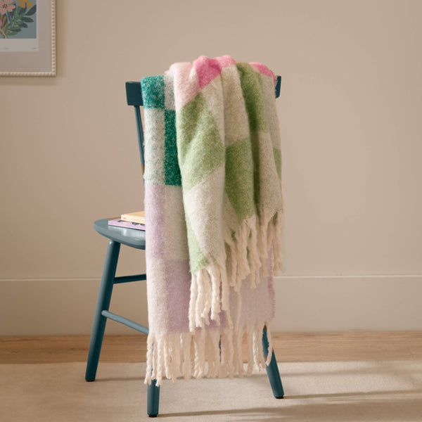 Maisie Checked Tasselled Throw Aqua Blossom