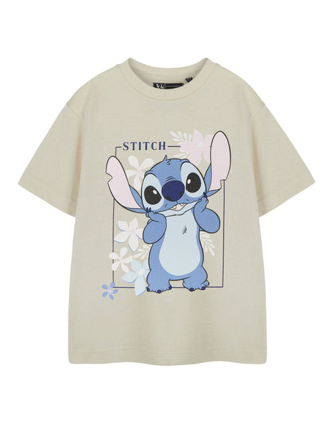 Disney Lilo & Stitch Girls Beige Big Stitch Short Sleeved T-Shirt