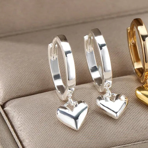 Silver Huggie Earrings with heart drop