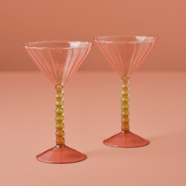 Pink and green coupe cocktail glass