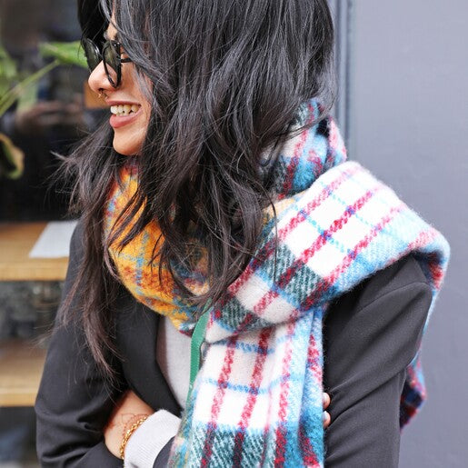 Mustard & Blue colourful check scarf
