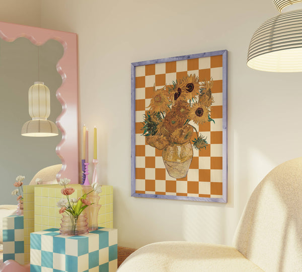 A3 "Checkerboard Retro Van Gogh Sunflowers" Print