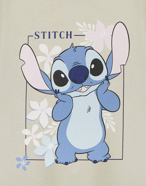 Disney Lilo & Stitch Girls Beige Big Stitch Short Sleeved T-Shirt